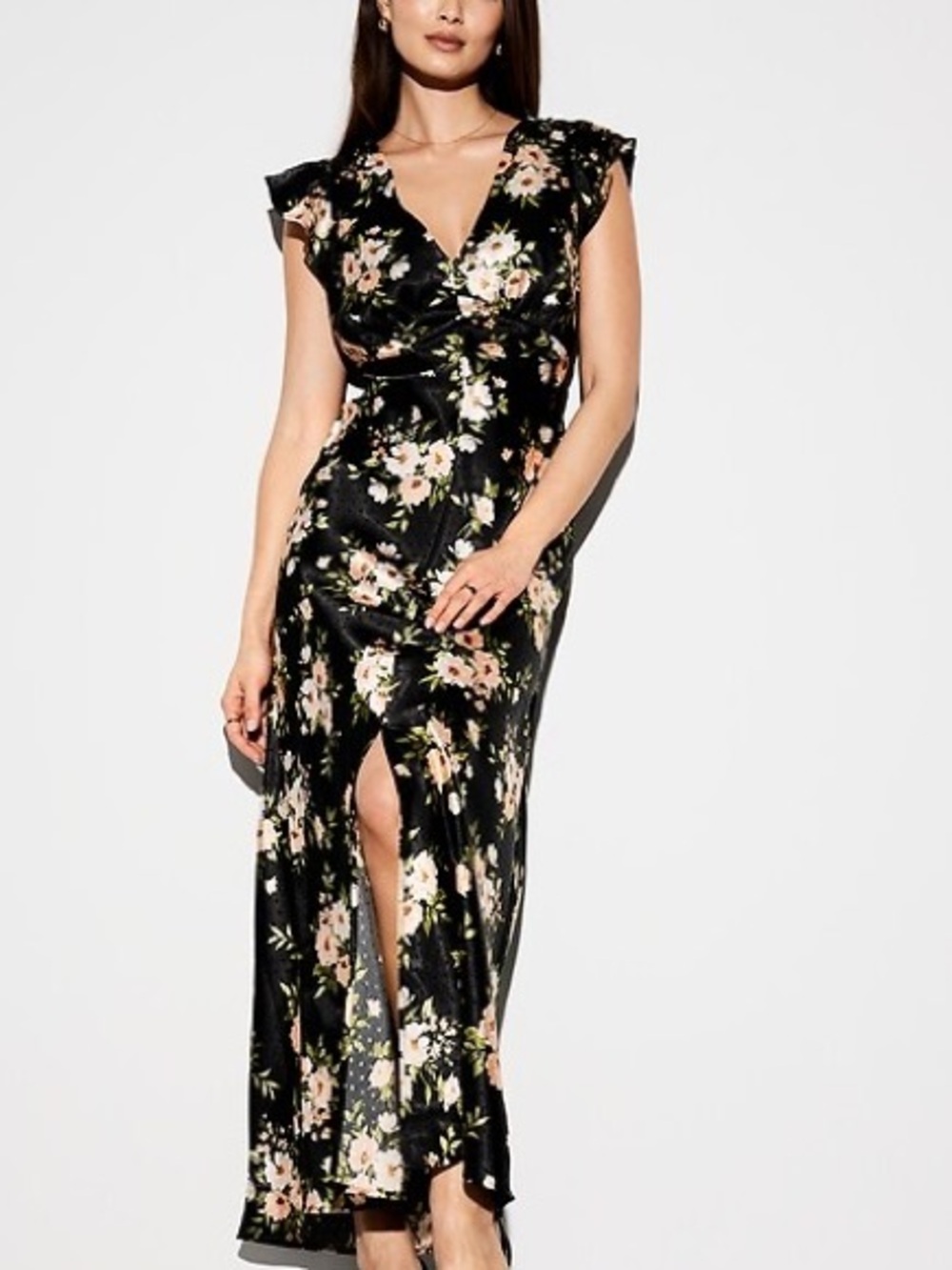 Old Navy| Pink Floral V-Neck Black Satin Maxi Party Dress w/Front Slit Sz XXLP